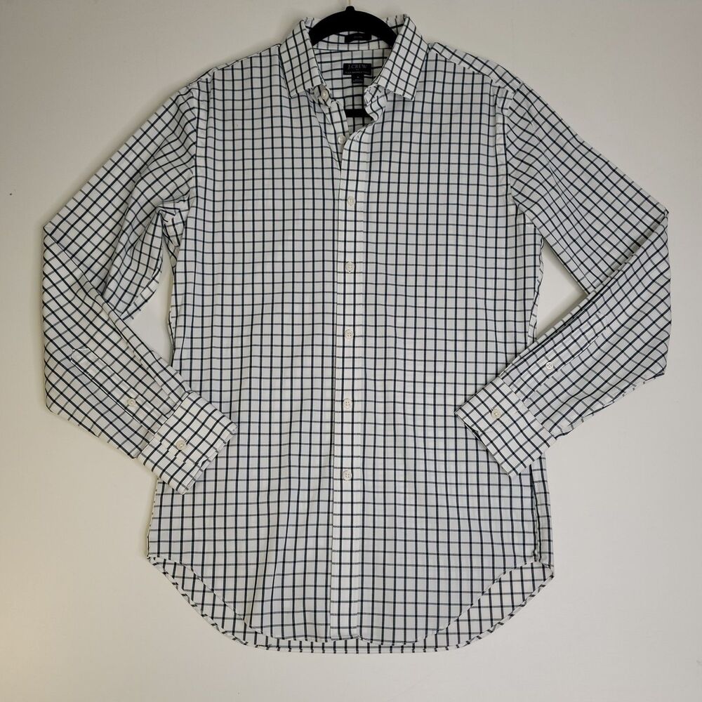J Crew Flex Wrinkle Free Slim Fit Button Front Mens Small Black Check Plaid